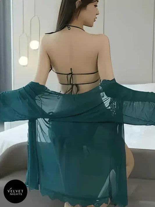 3 Piece Butterfly Lace Lingerie Set with Sheer Robe